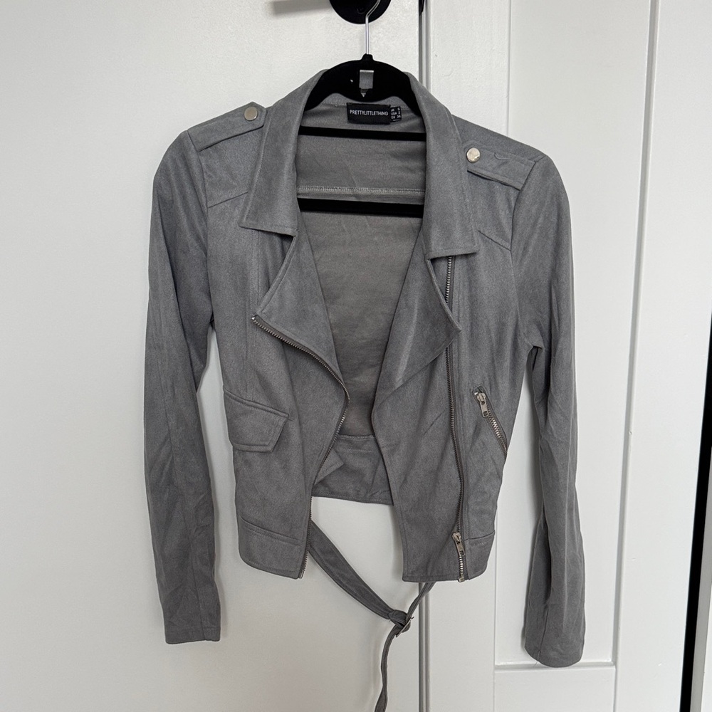 Gray Faux Suede Moto Jacket with Belt